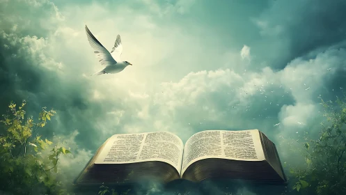 Open illuminated book levitates under dove in diffuse sky glow