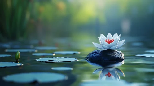 High-depth 3D render of white water lily on wet reflective stone