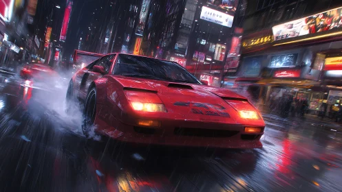 Red wedge supercar drifting through neon soaked night rain