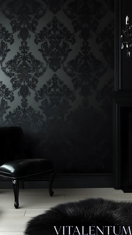 Black damask wall defines moody monochrome lounge corner