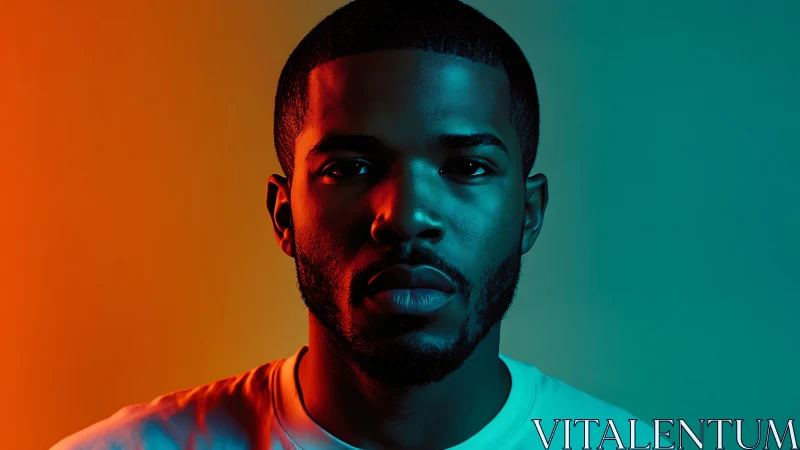 Portrait captures man in bold teal and orange split lighting