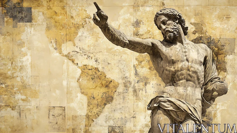 Classical stone statue of bearded man against world map