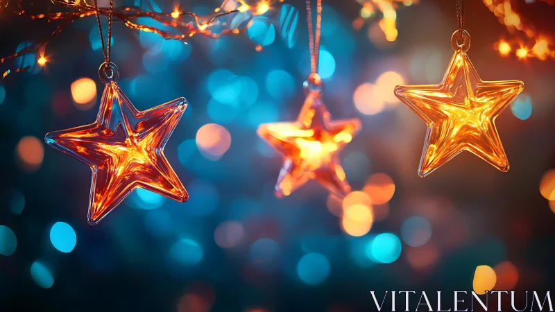 Glowing glass star ornaments shimmer in festive holiday bokeh