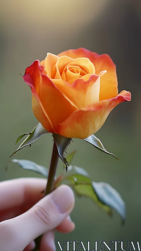 Orange Rose with Red Tones Held in Hand