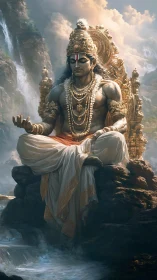 Divine yogic monarch in gold throne beside cascading falls.