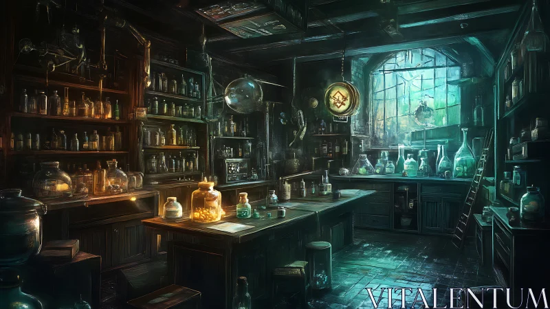 Moody alchemist laboratory with glassware and shelves.