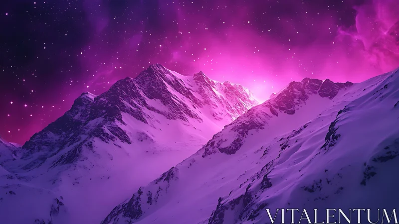 Snow-covered mountain ridge stands beneath magenta sky