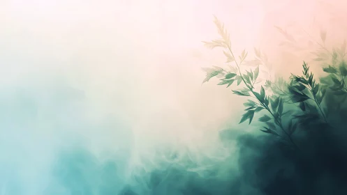 Soft gradient foliage in misty abstract background.