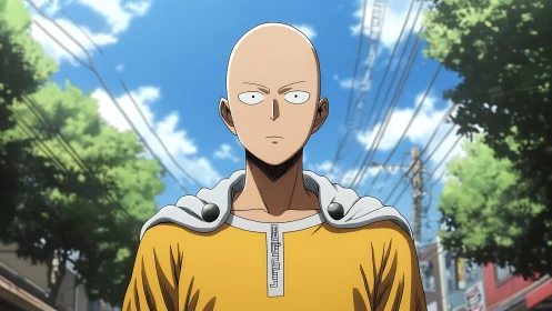 Bald anime character stands in urban street under power lines
