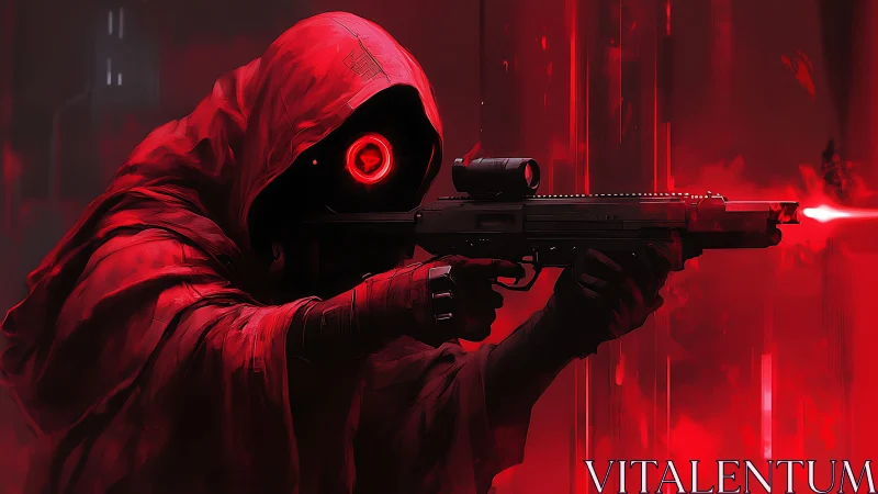 Hooded cybernetic marksman with luminous red optic sight.