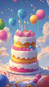 Whimsical Birthday Cake Floats Among Colorful Balloons and Confetti