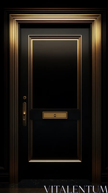Black door with gold trim and mail slot in dark setting.
