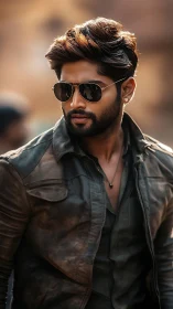 Man in leather jacket and sunglasses in outdoor setting.