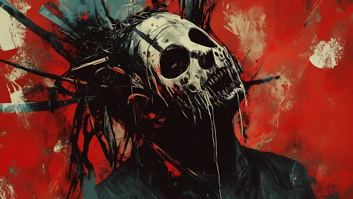 Skull-masked figure erupting in chaotic crimson splatter.