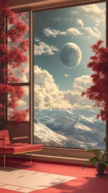 Futuristic lounge overlooks snowy mountains and distant moon