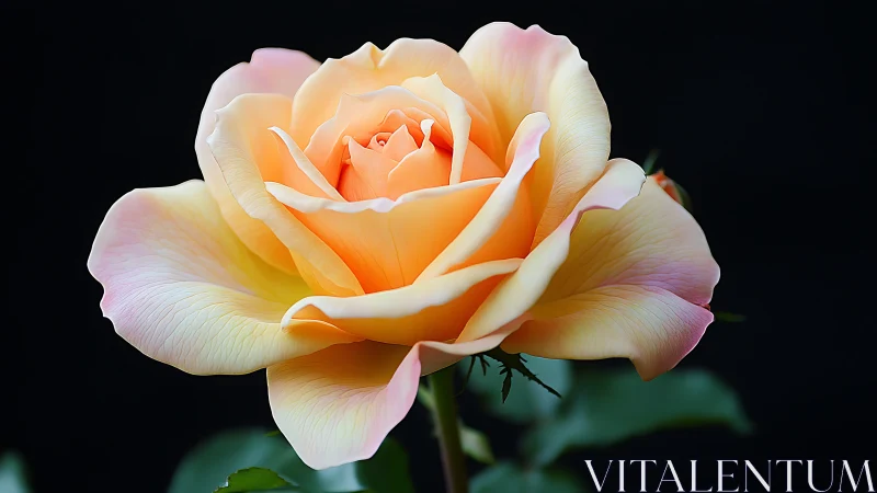 Gradient garden rose with soft peach-to-pink transition petals against dark background.