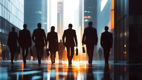 Silhouetted Business Team Walking Through Urban Canyon at Dawn