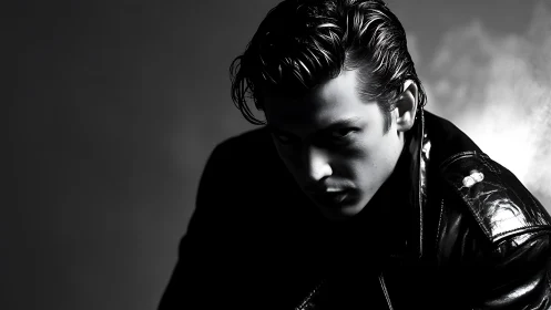 Brooding man in leather jacket under hard side light.