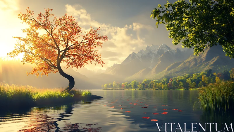 Curved autumn tree beside a serene sunlit mountain lake.