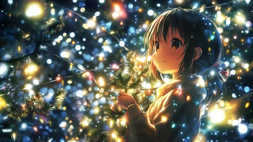 Luminous anime girl amid dense bokeh Christmas light field.
