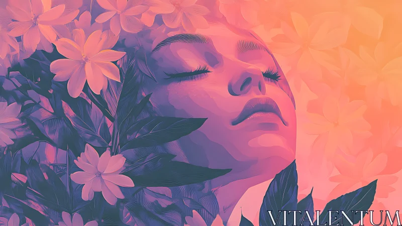 Soft sunset dreamscape with blooming petals and calm face.