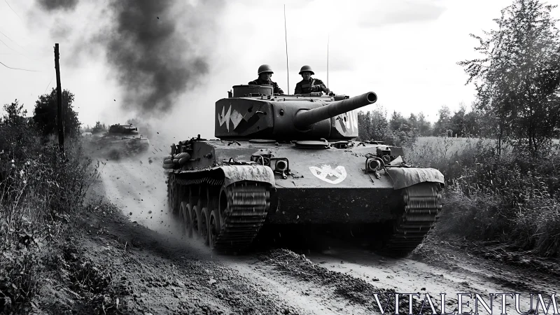Monochrome battle tank advances through rural dirt road