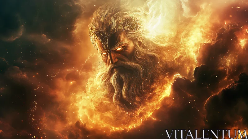 Cosmic fire god emerges from swirling celestial storm.