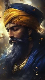 Regal turbaned elder in contemplative golden light gazes downward.