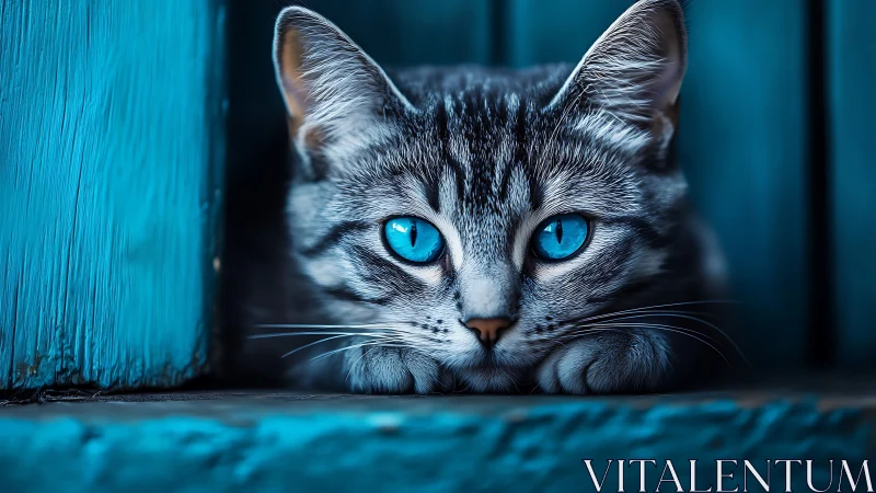 Gray tabby cat with blue eyes in teal architectural setting.