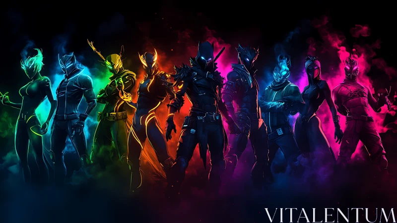 Neon guardians gathered in a glowing storm of color.