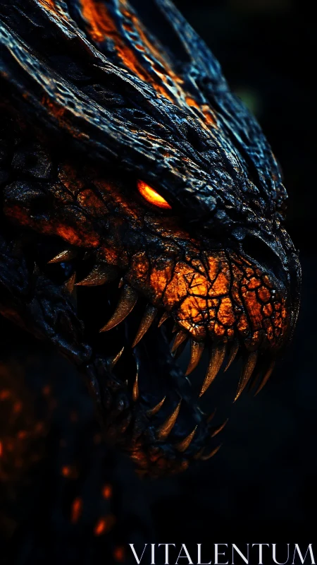 Molten-eyed dragon prowls in ember-lit, shadow-scorched night.