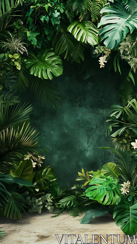 Lush tropical foliage border with empty green center space.