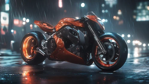 Orange sport motorcycle on wet city street at night.