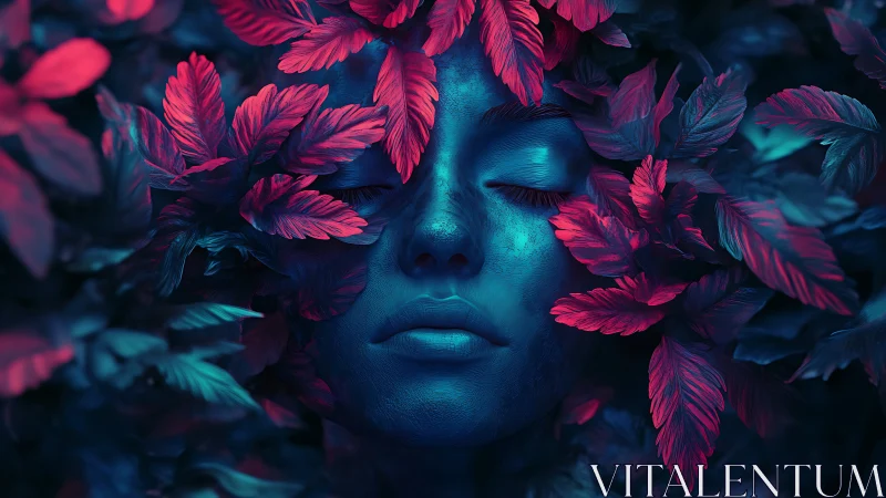 Bioluminescent face immersed in neon foliage glows softly