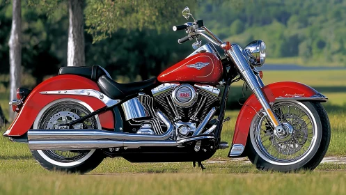 Red classic cruiser motorcycle parked on grass field.