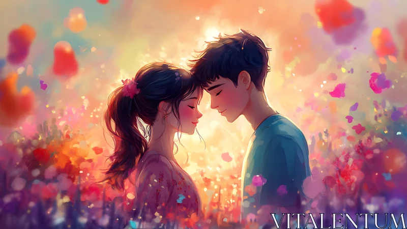 Young couple faces close together amid colorful bokeh and light particles