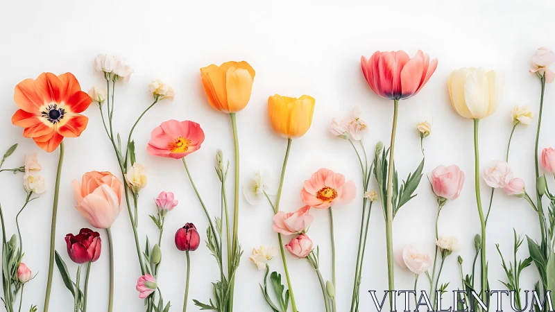 Mixed cut flowers arranged in flat lay composition on white background.