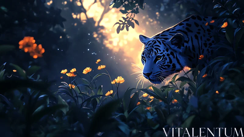 Moonlit jaguar stalks through glowing jungle flowers in silence