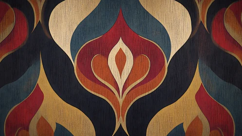 Curved flame-like geometric pattern in warm muted tones.