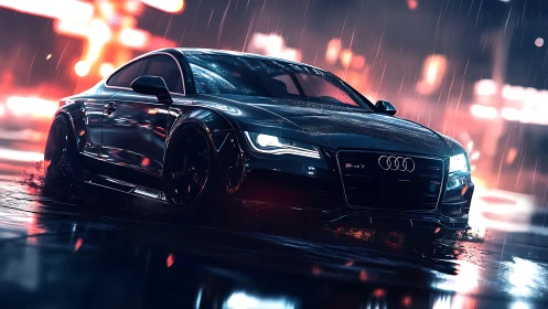 Rain-soaked performance coupe rendered with cinematic neon bokeh