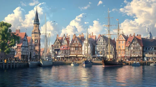 Sunlit harbor town welcomes tall ships and cozy markets