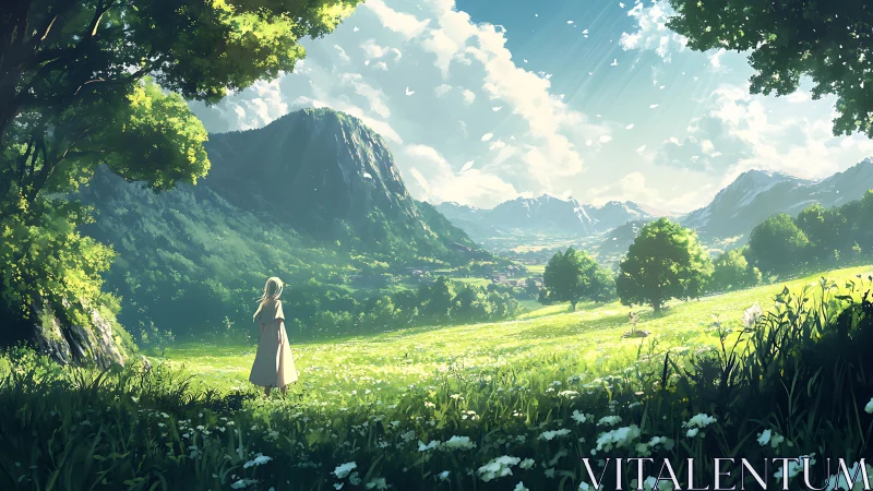 Girl stands in bright mountain meadow under scattered clouds