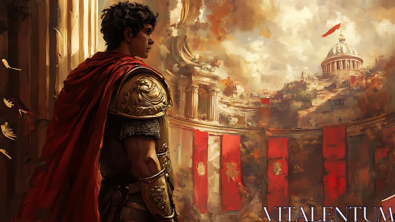 Roman legionary surveys monumental forum in dramatic light