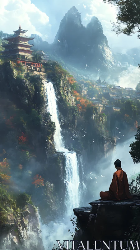 Solitary monk overlooks misty mountain temple waterfalls
