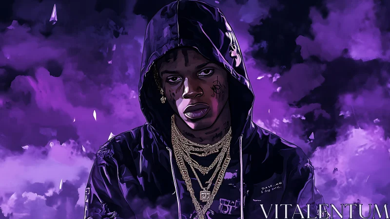 Hooded rapper portrait in purple digital storm clouds.