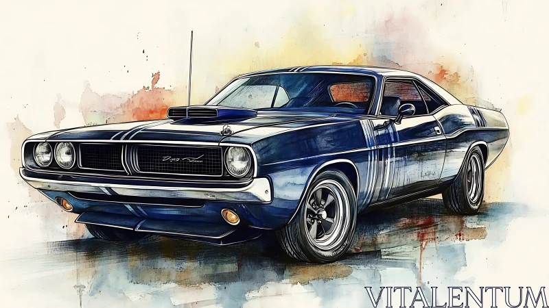 Blue classic muscle car rendered in watercolor style.