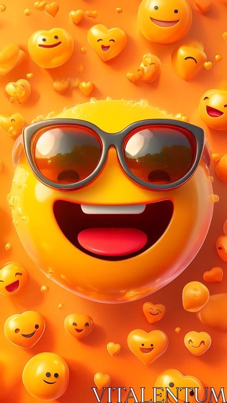 Sunglassed mega-emoji surfing a bubbly heartburst sky.