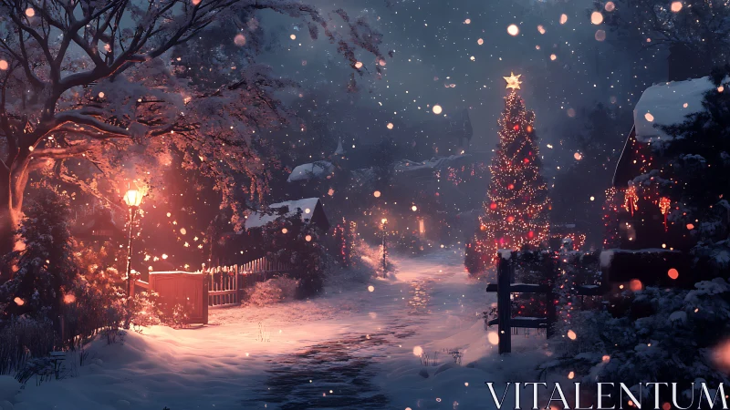 Snowy village lane glows with a magical Christmas night