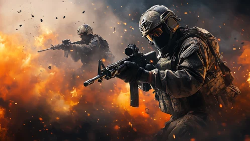 Tactical infantry assault amid high-energy explosive plume.