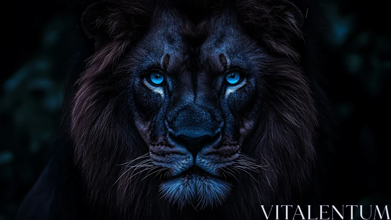 Midnight lion portrait radiates power through icy blue eyes